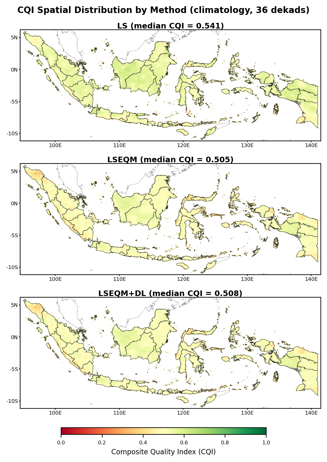 CQI spatial distribution by method (climatology over 36 dekads). Median CQI: LS 0.541, LSEQM 0.505, LSEQM+DL 0.508.